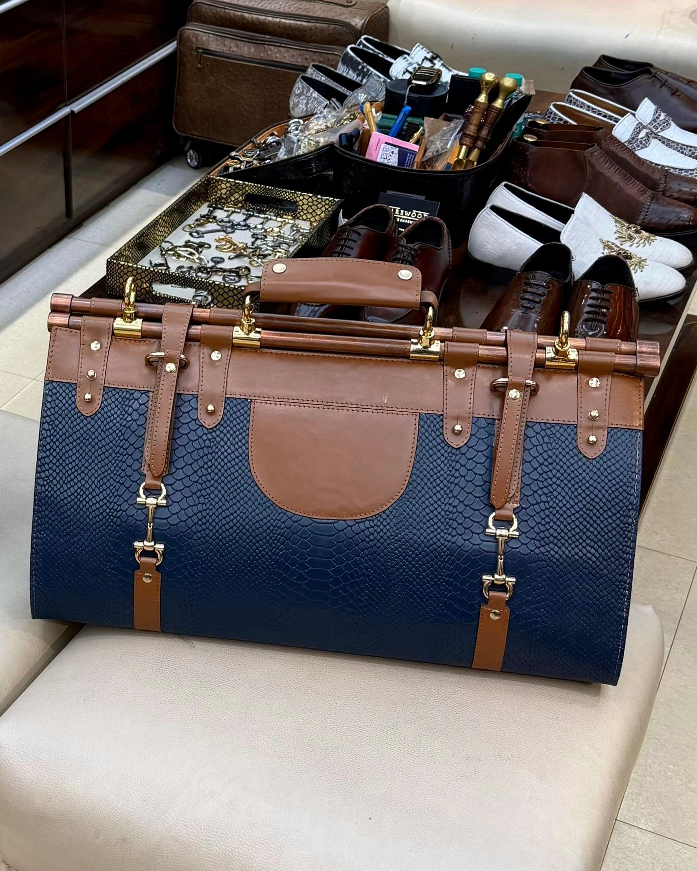 Navy Blue & Medium Brown Duffle Bag