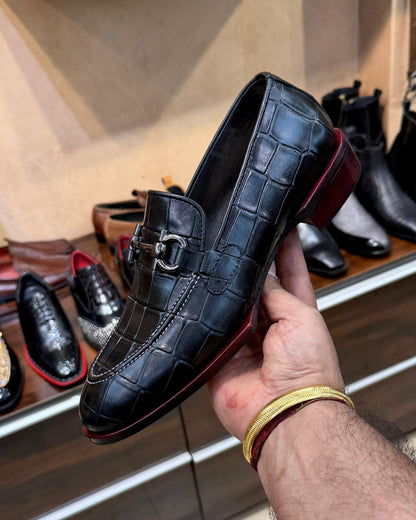 Black Deep-cut Croco Red Italian Cut Sole Horsebit Loafers