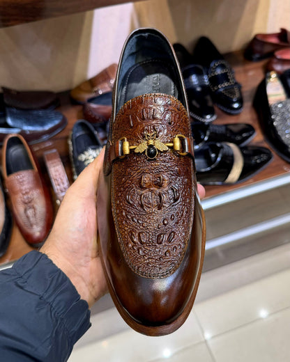 Exotic Burnished Brown Alligator Scaled Horsebit Loafers