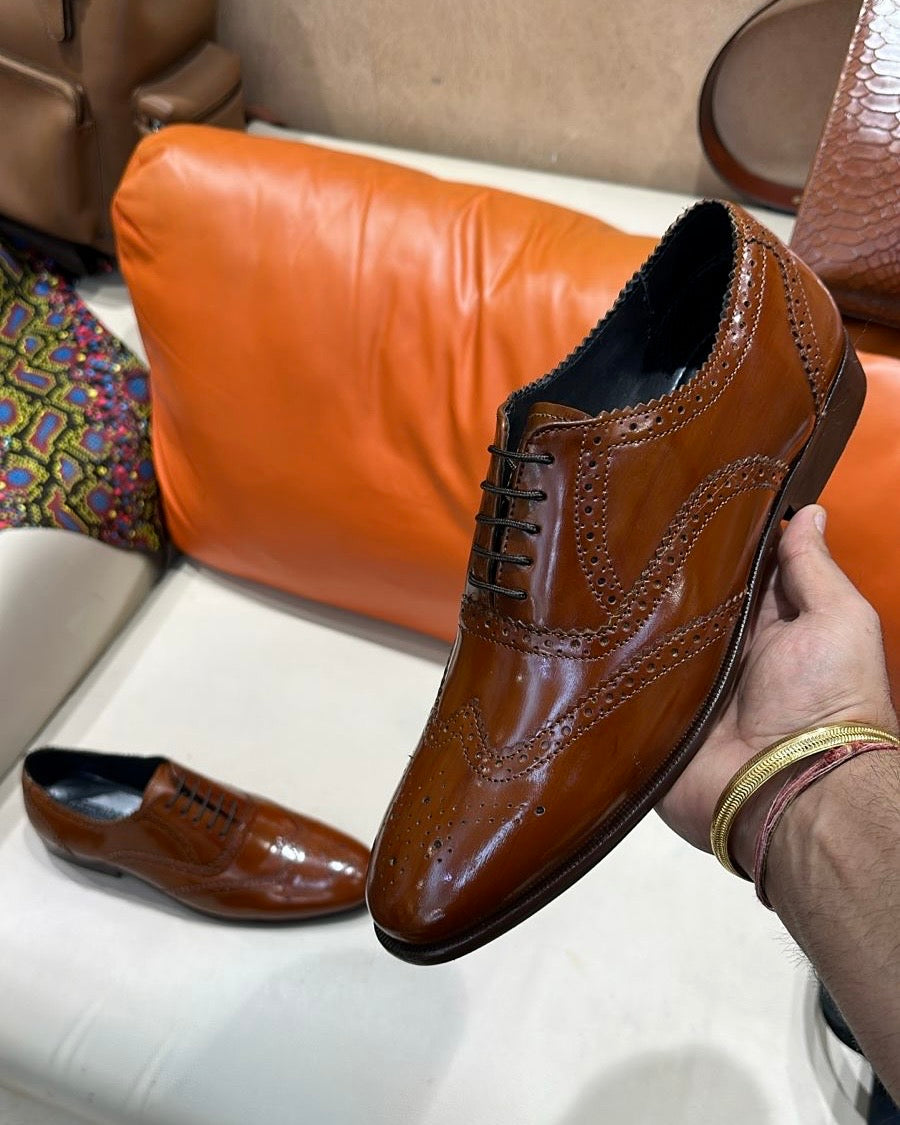 Tan Brown Wingtip Oxfords in Smooth Calf Leather