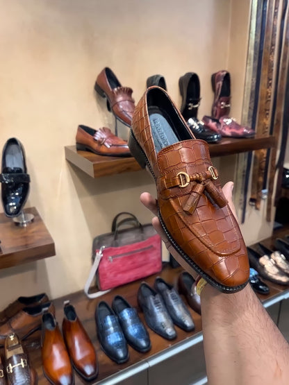 Tan Patina Crocodile Scaled Tassel Loafers