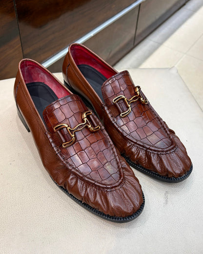 Brown Full Grain And Croco Leather Horsebit Loafers