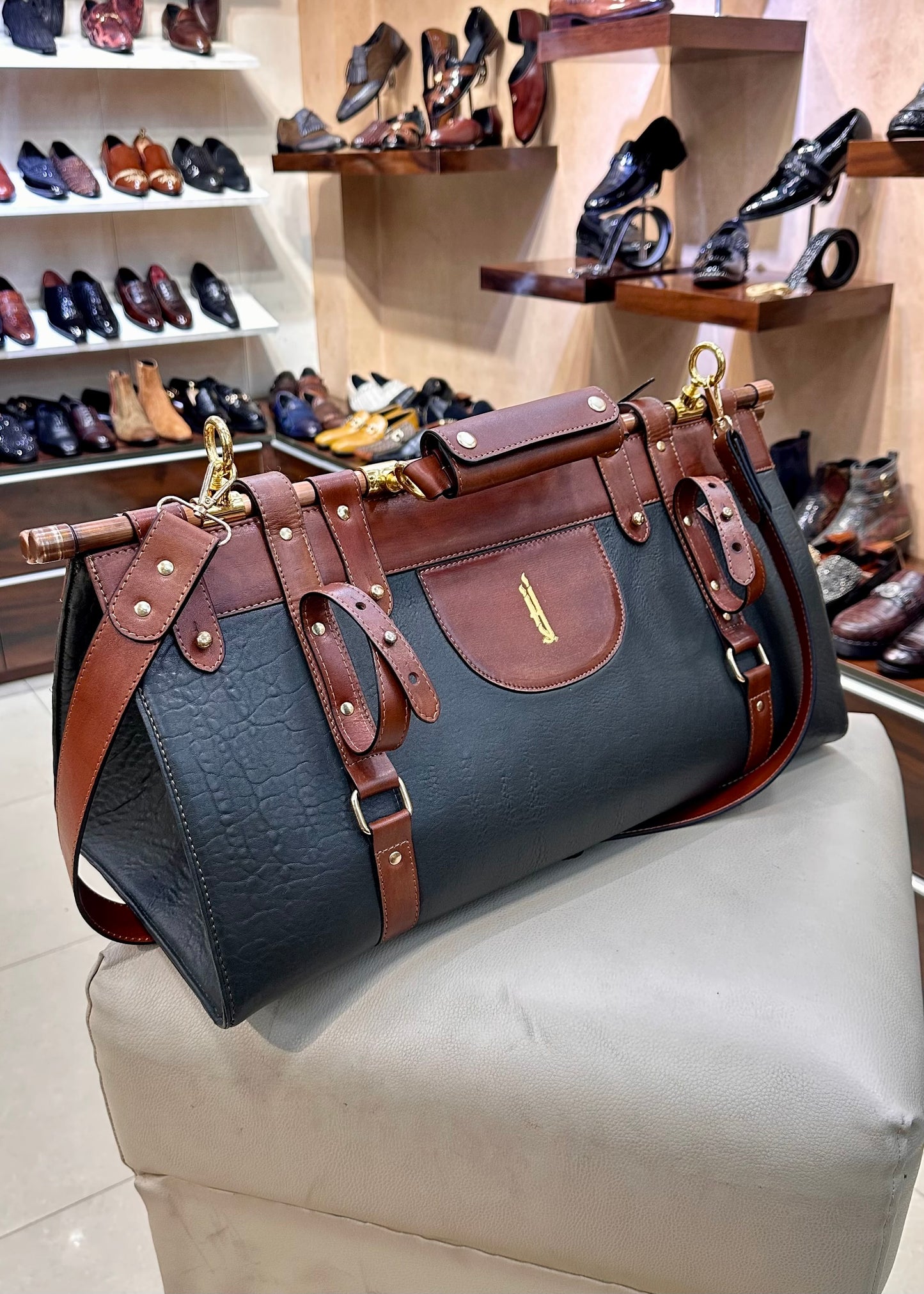 Custom Handmade Two-tone Italian Leather Duffel Bag