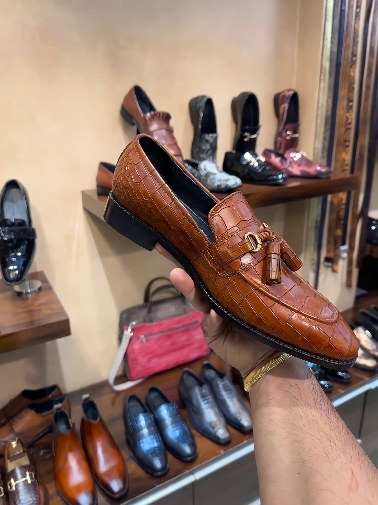 Tan Patina Crocodile Scaled Tassel Loafers