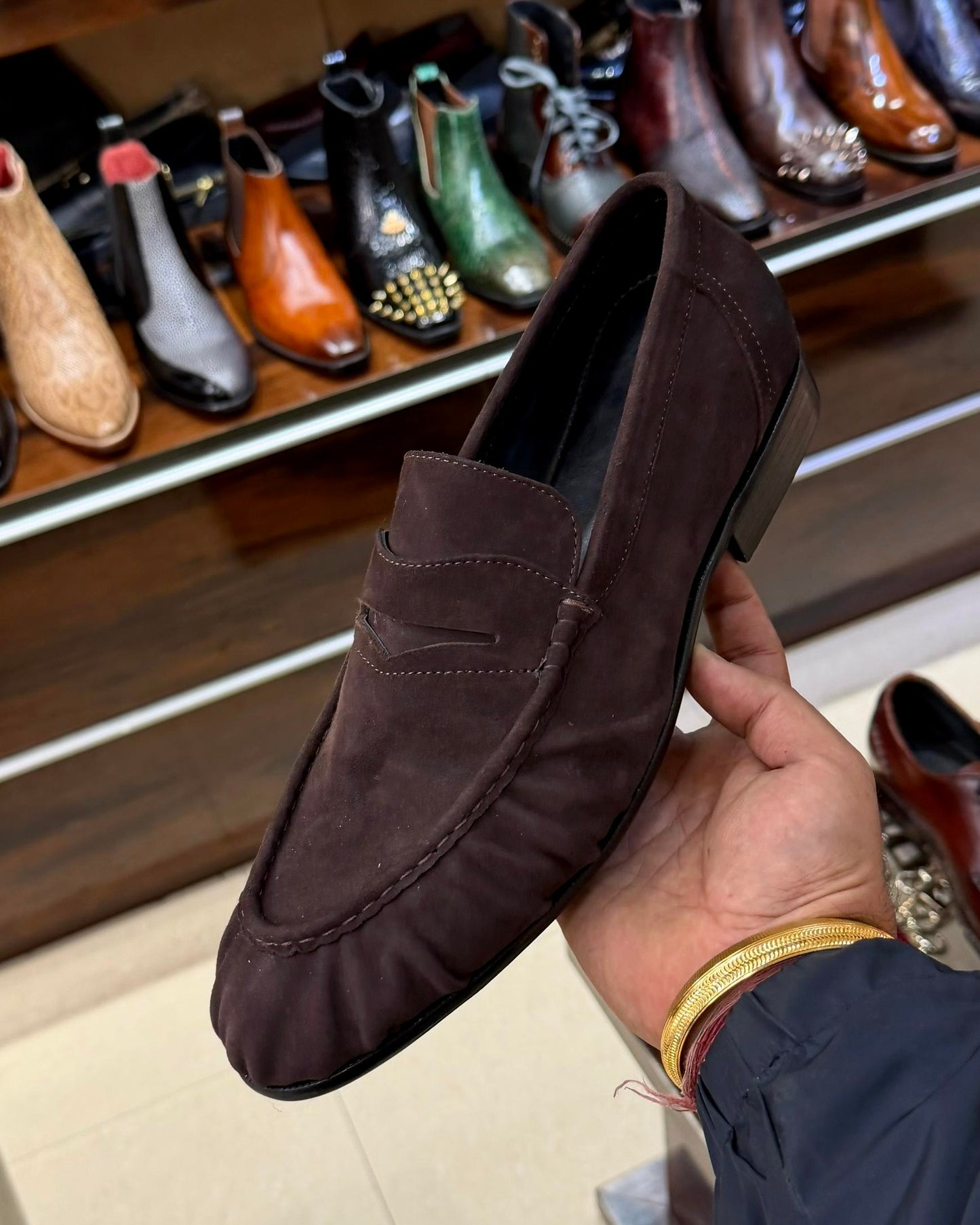Brown Suede Hand-sewn Apron Penny Loafers