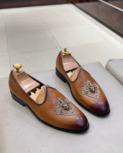 Tan Natural Grain Leather Embroidery Mojaris