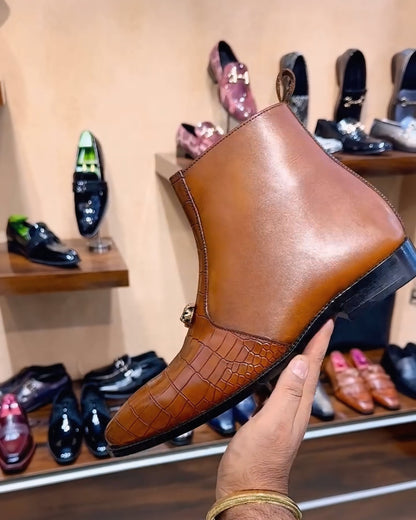 Sun Tan Patina Croco Zip Boots