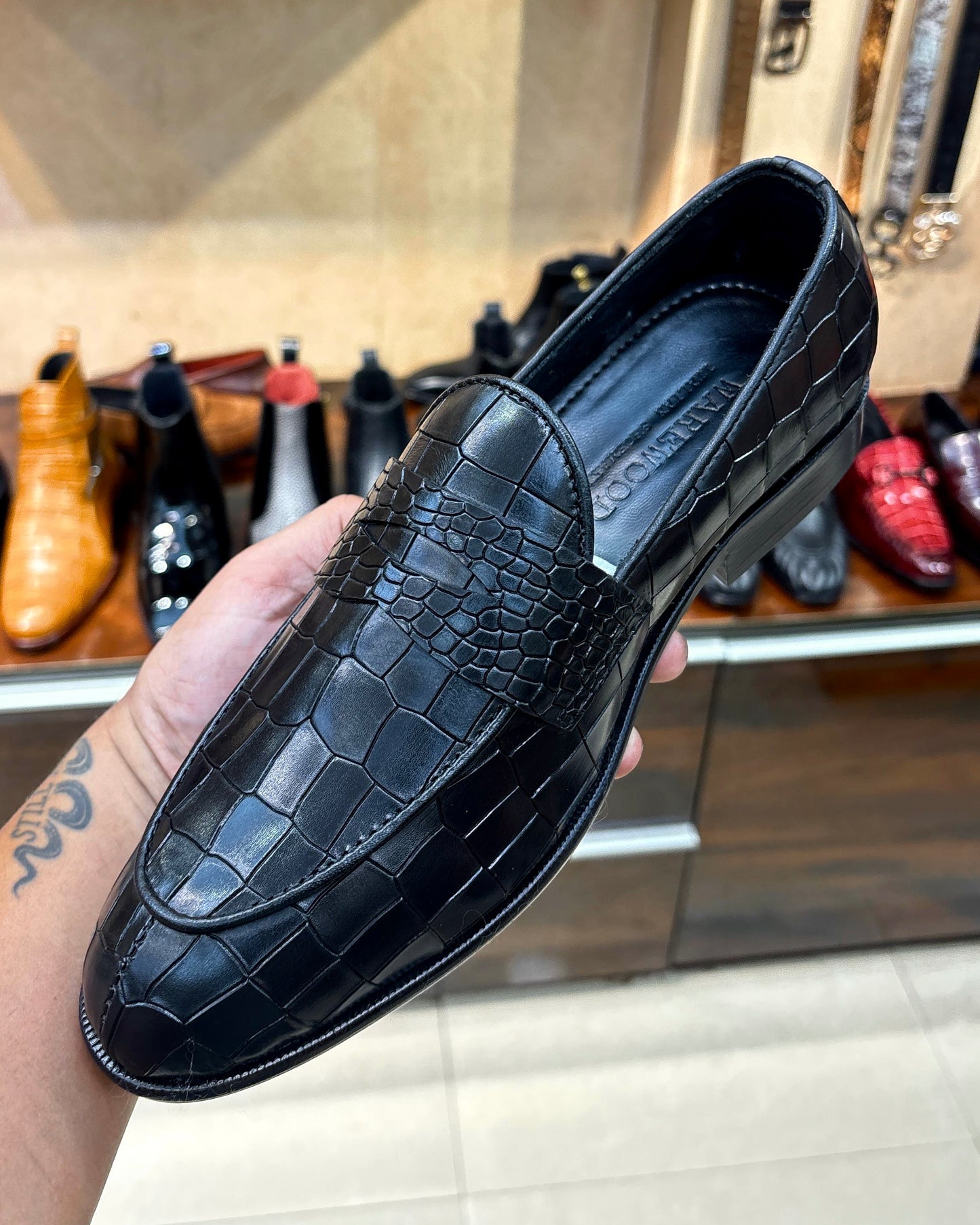 Smooth Black Crocodile Scaled Penny Loafers