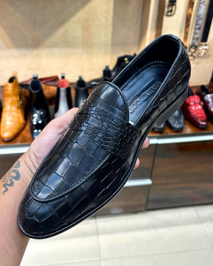 Smooth Black Crocodile Scaled Penny Loafers