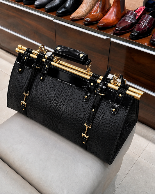 Black Cobra Scaled Duffle Bag with Gold Pipe