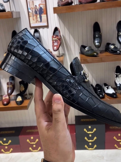 Charcoal Black Crocodile Scaled Moccasins