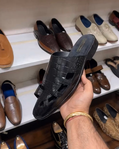 Black Crocodile Scaled Mules