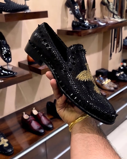 Charcoal Black Phoenix Embroidered Studded Moccasins