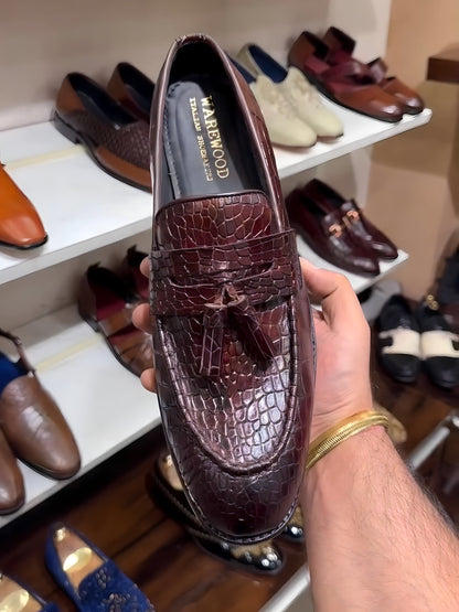 Wine Shade Crocodile Scaled Tassel Moccasins
