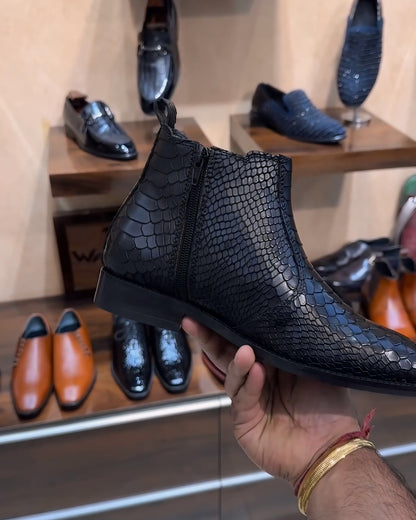 Matte Black Cobra Scaled Low-top Boots