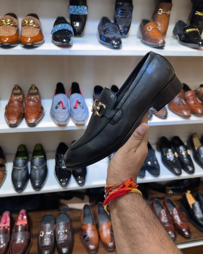 Classic Black Calf Skin Leather Loafers with Gold Buckle