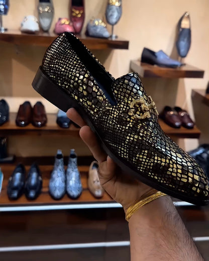 Exotic Gold-black Snake Foil Loafers with Gold Buckle