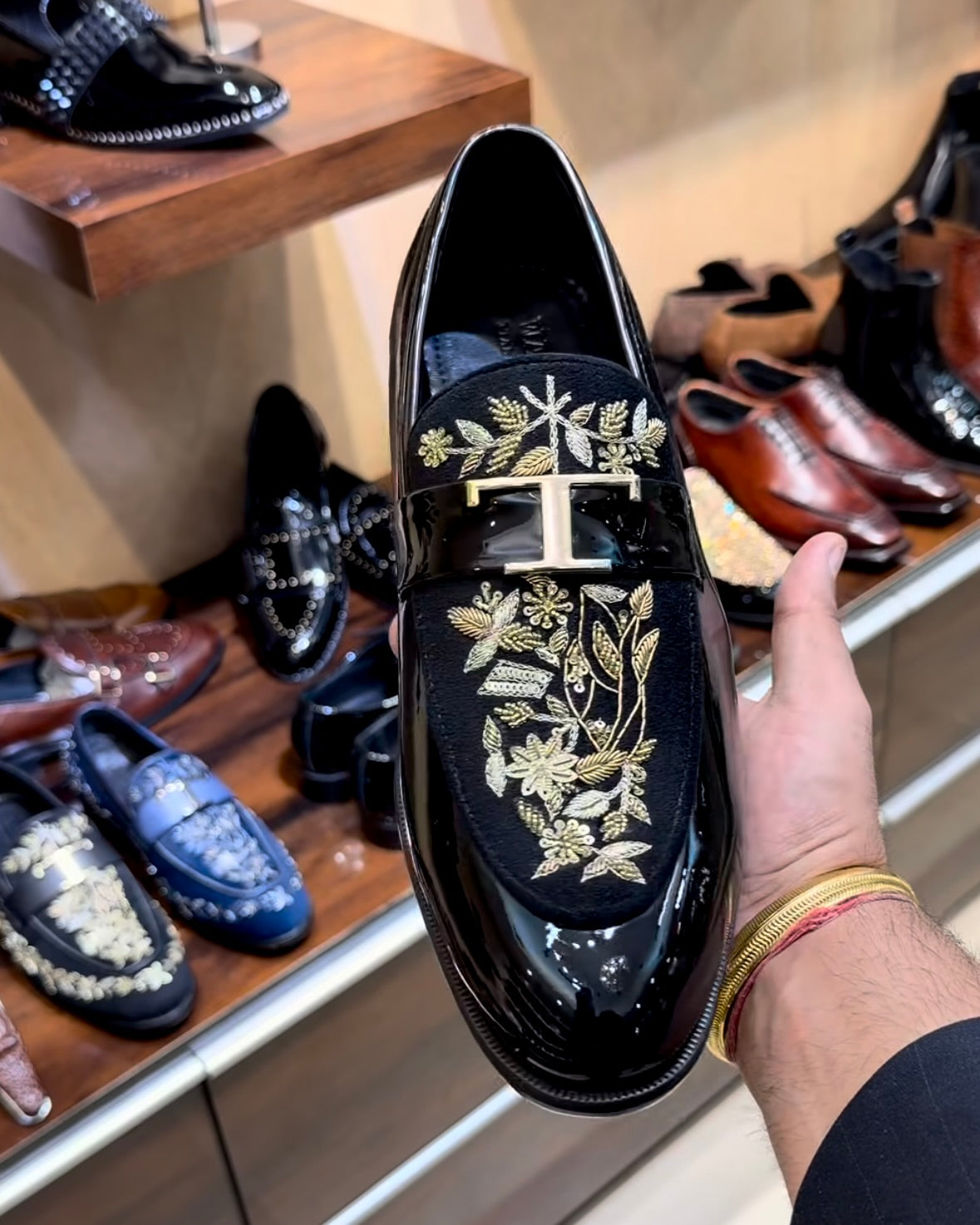 Black Patent Leather Gold Hand-embroidered Spectator Loafers