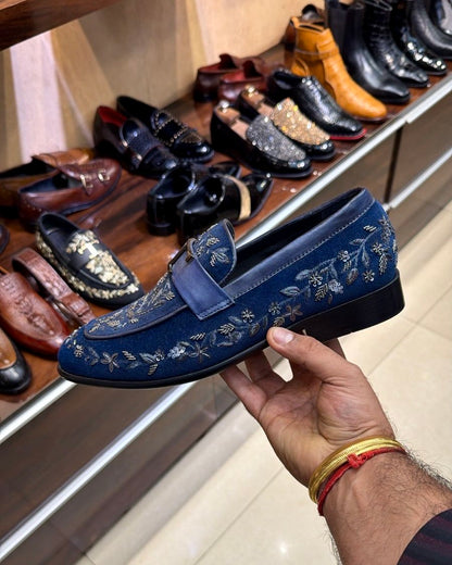 Blue Suede Silver T-Bit Hand-embroidered Loafers