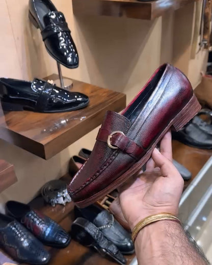 Wine Natural Grain Leather Single Monk Loafers with Leather Sole