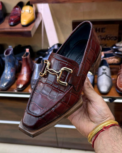 Burgundy Croco Horsebit Loafers with Italian Cut Leather Sole