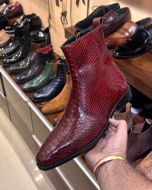 Burgundy Cobra Scaled Zip Boots