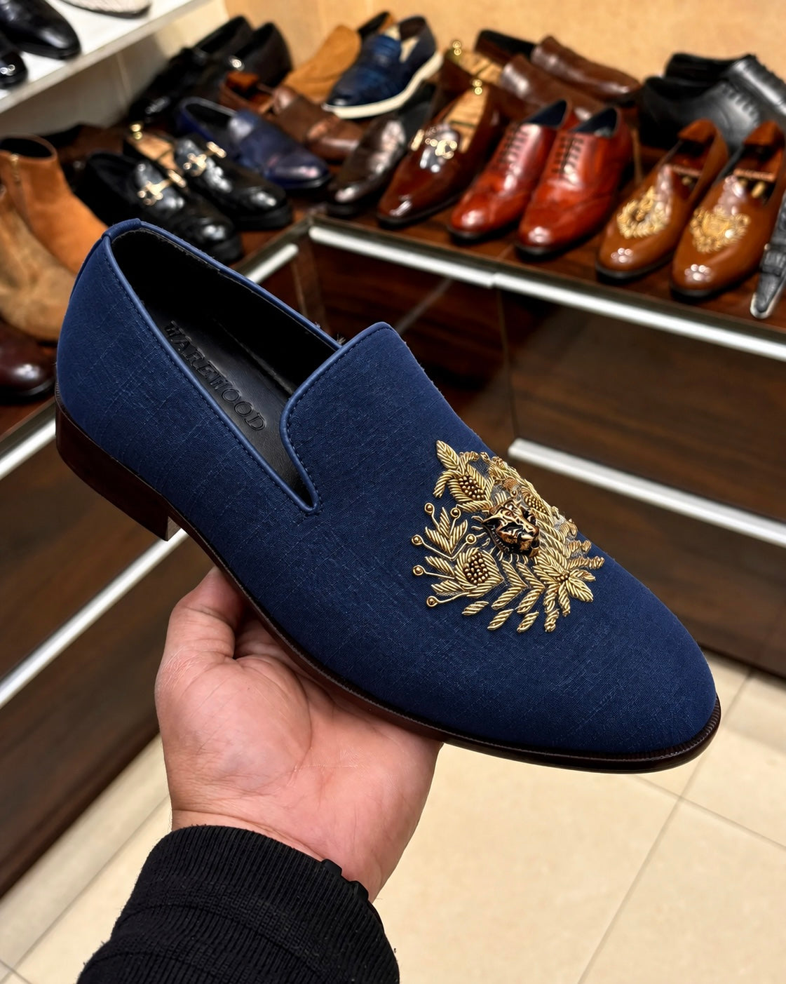Navy Blue Raw Silk Hand-embroidered Loafers