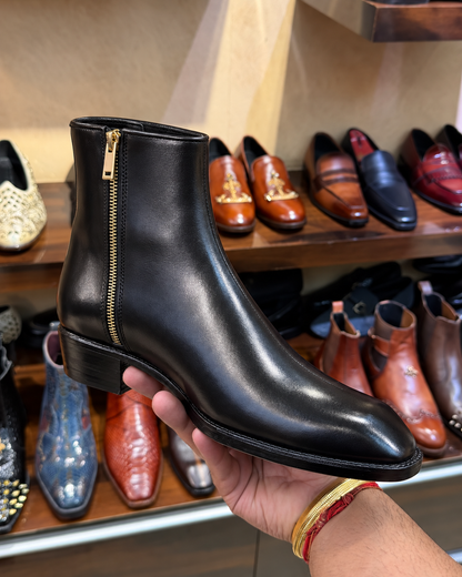 High-top Black Calfskin Leather Boots With Cuban Heel