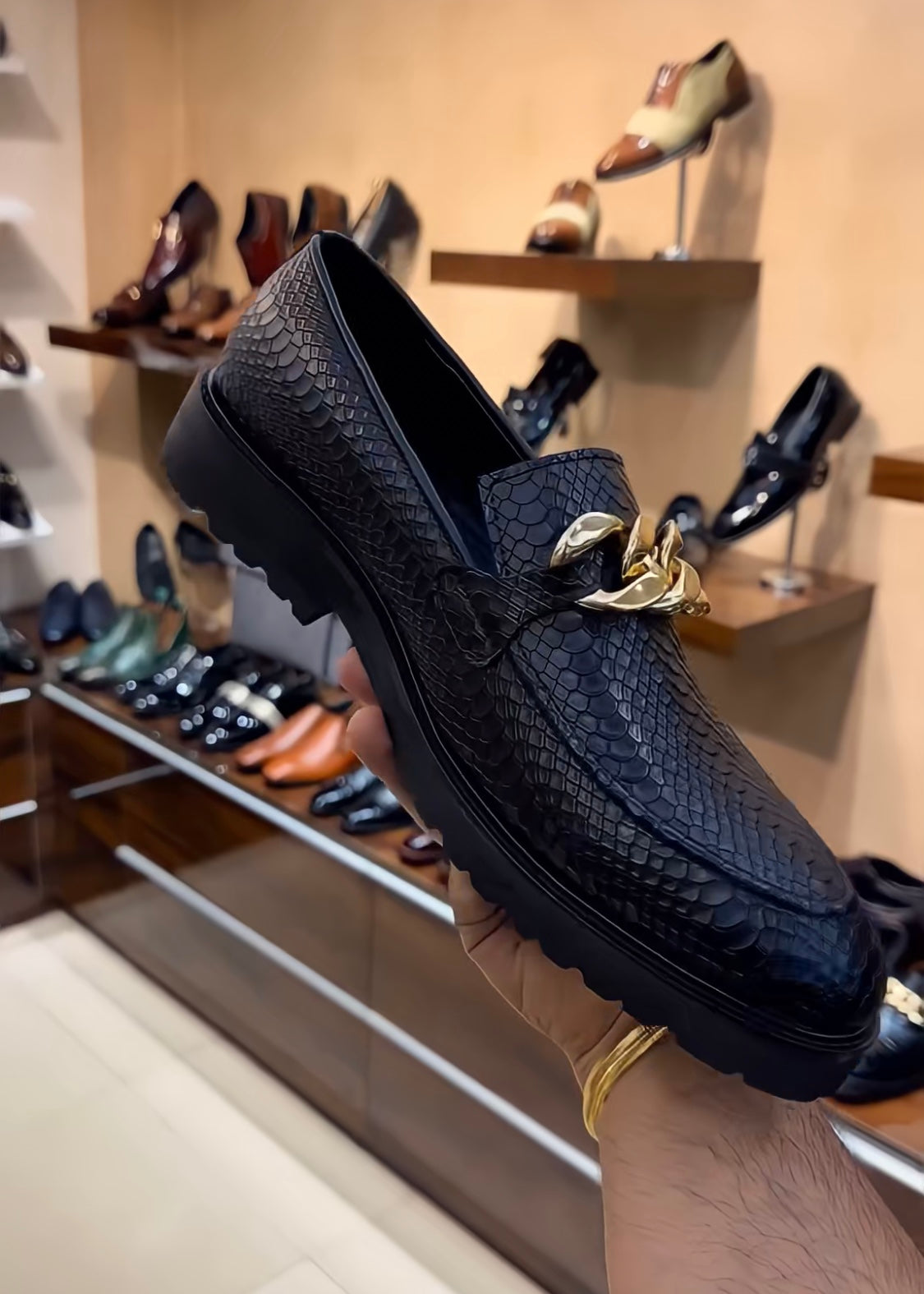 Black Cobra Scaled Boot Sole Moccasins with Chain Buckle