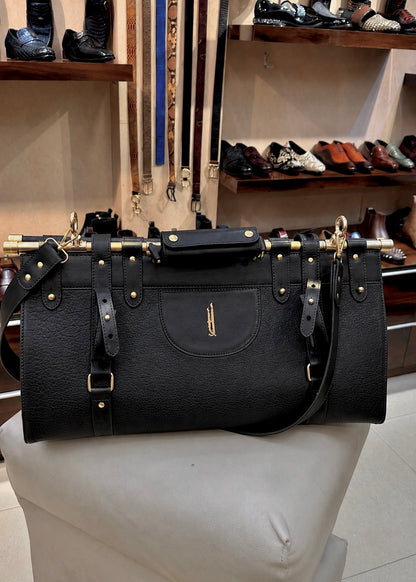 All Black Italian Leather Duffle Bag with Gold Pipe