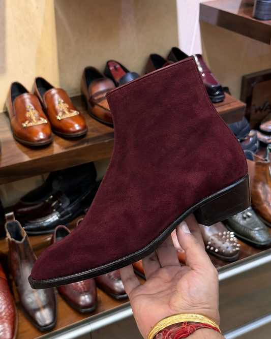 High-top Burgundy Suede Boots With Cuban Heel