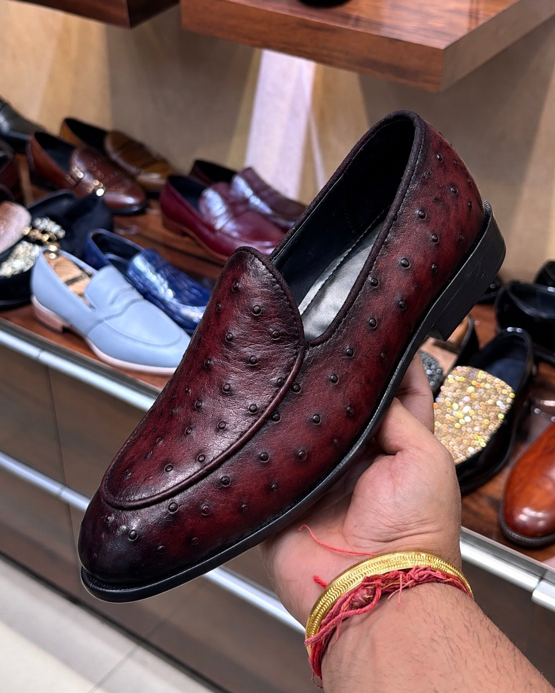 Burnished Burgundy Real Ostrich Skin Belgian Loafers