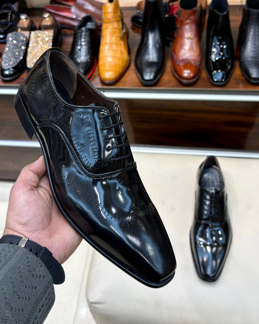 Black Smooth Calf Leather Oxfords with Perforations