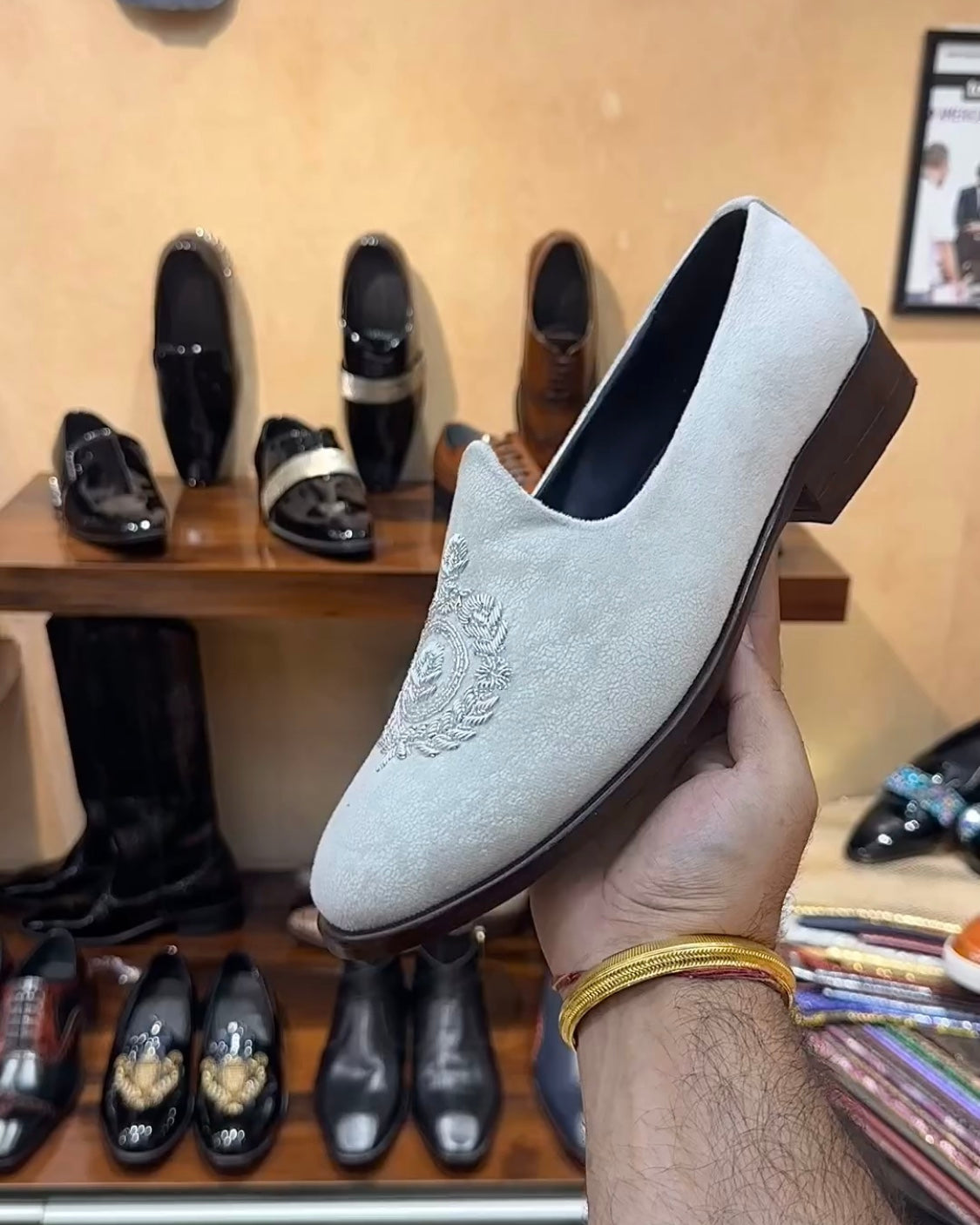 Off-white Suede Mojaris with Brown Wood Sole