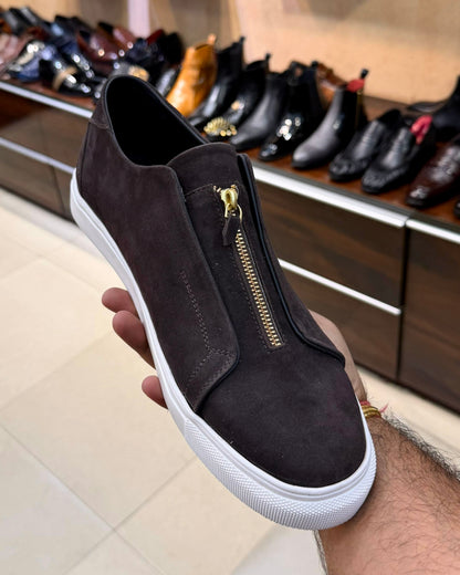 Dark Brown Suede Low-top Sneakers with Gold Zip