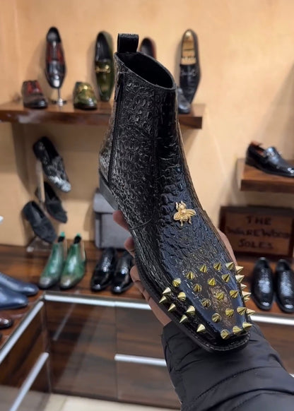 Patent Baby Crocodile Studded Toe Zip Boots