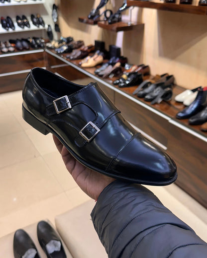 Classic Black Smooth Calf Leather Double Monks