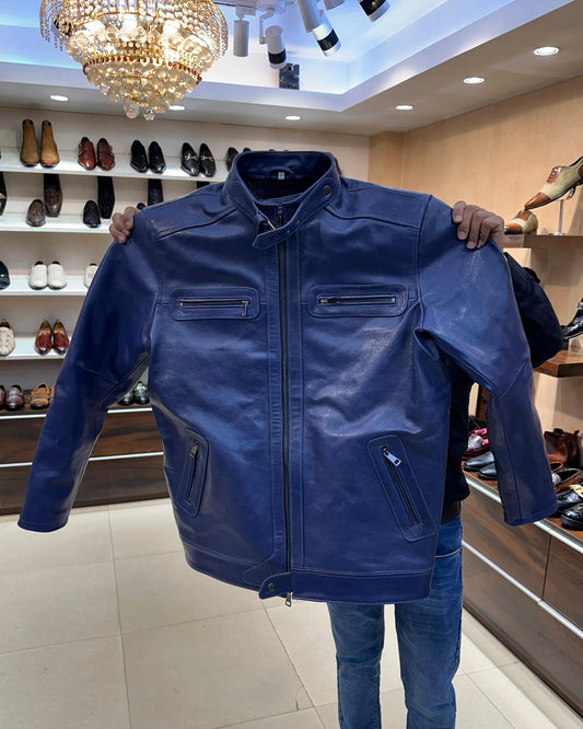 Custom Navy Blue Goat Skin Leather Jacket