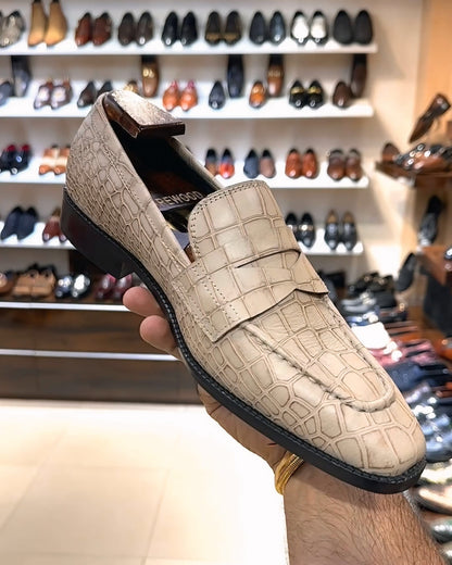 Beige Crocodile Scaled U-Tip Shape Penny Loafers