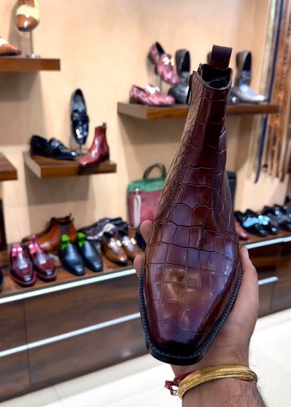 Burgundy Crocodile Scaled Zip Boots