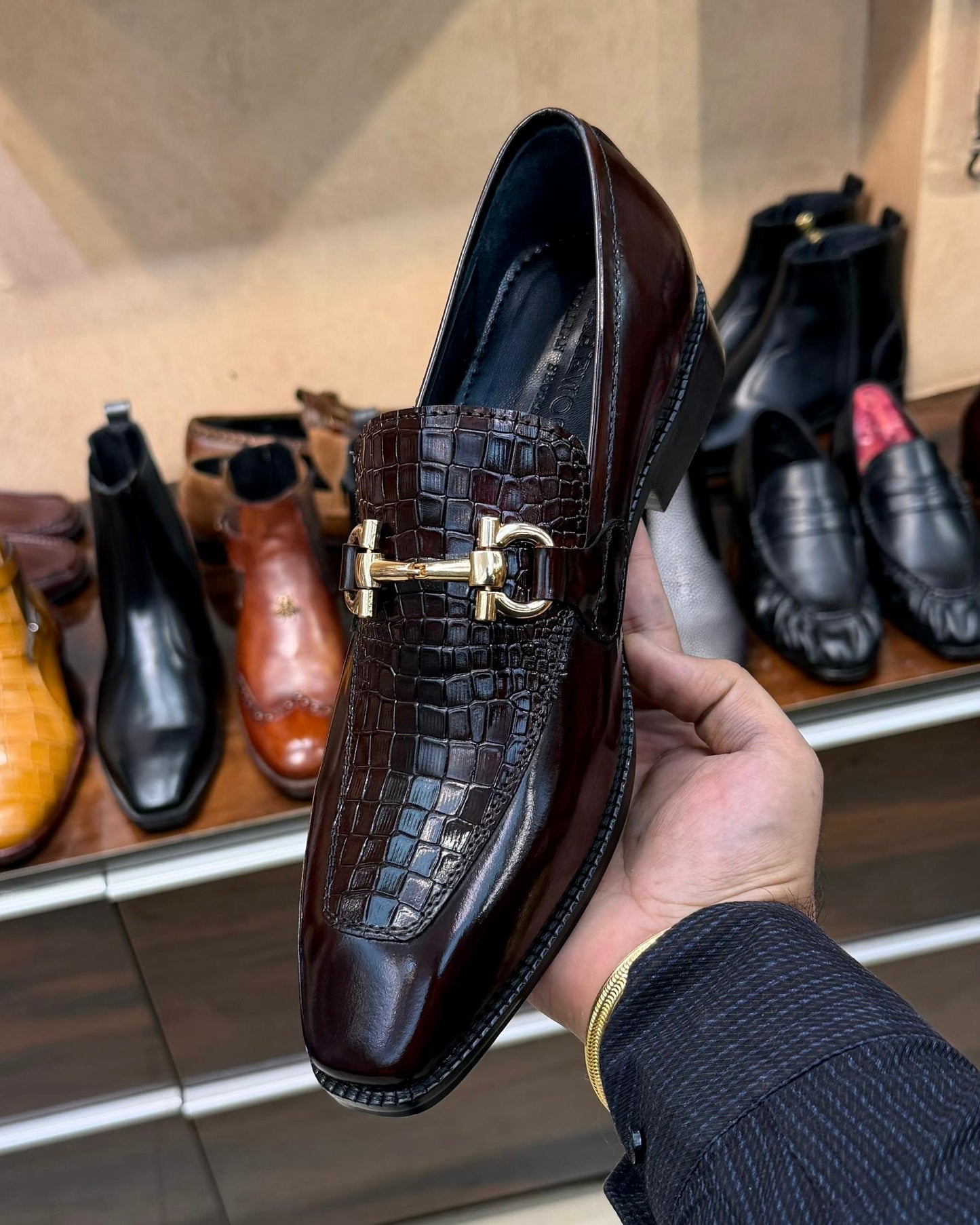 Espresso Brown Croco Gold Horsebit Loafers