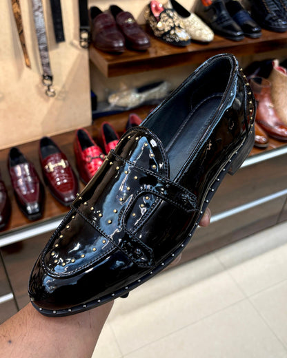 Black Patent Leather Monk Strap Loafers with Gold Rivet Studs
