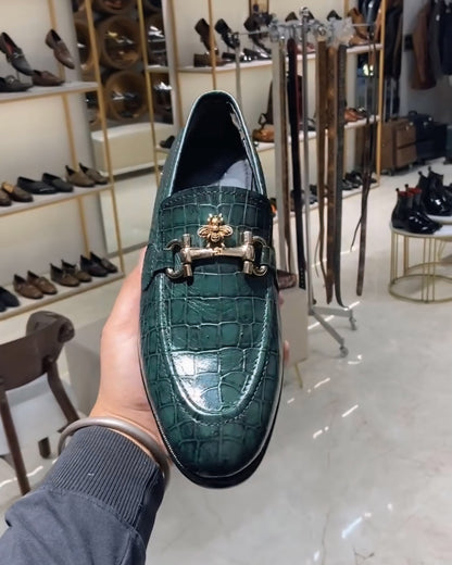 Green Crocodile Scaled Moccasins with Bee
