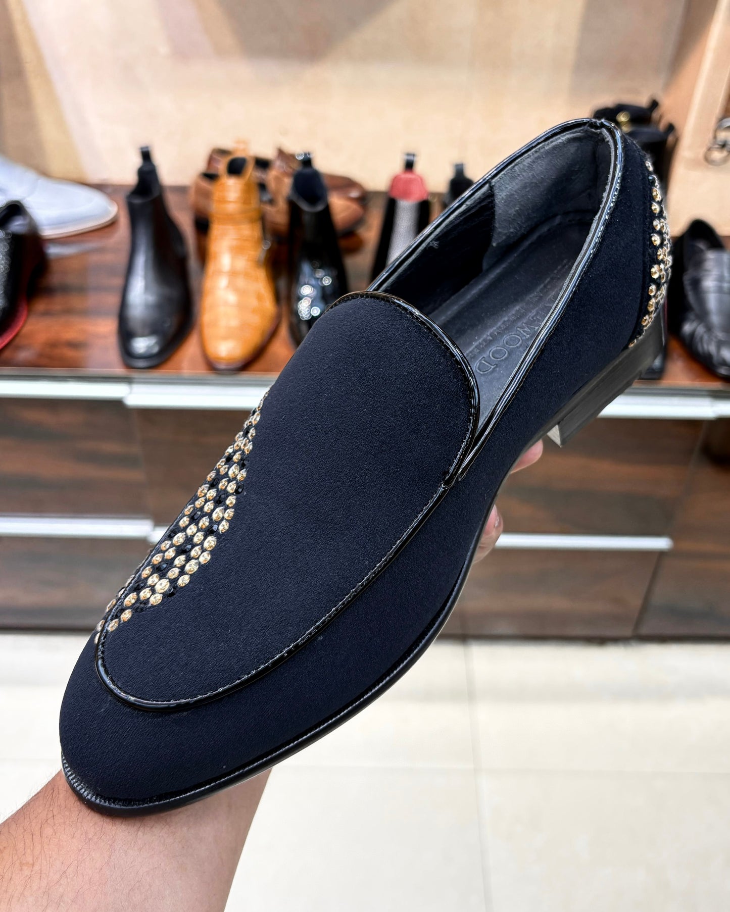 Black Suede Diamond Embroidered Belgian Loafers