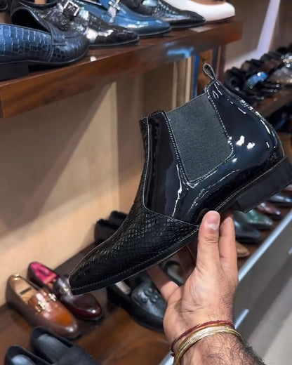 Black Mirror Gloss Cobra Scaled Low-top Zip Boots