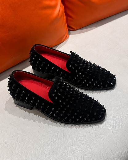 Black Suede Studded Loafers with Red Lining & Red Bottoms