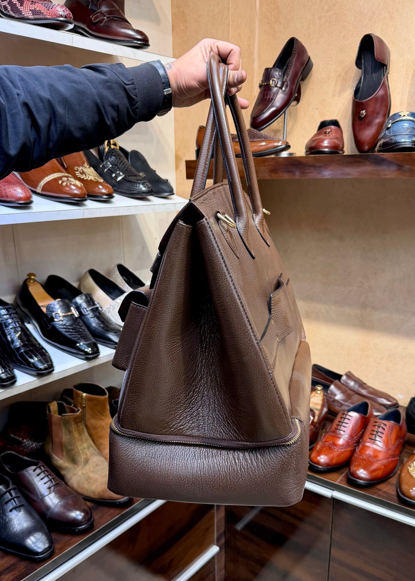 Brown Full Grain Pebble Leather Travel Bag with Bottom Shoe Compartment