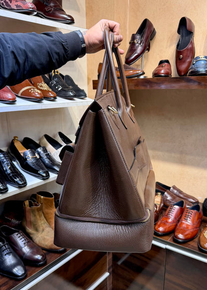 Brown Full Grain Pebble Leather Travel Bag with Bottom Shoe Compartment