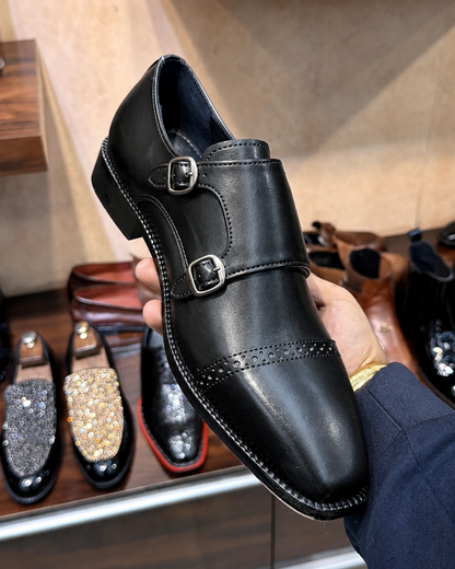 Black Double Monk Strap Shoes In Calfskin Leather