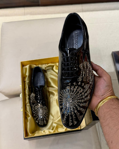 Black Patent Leather Gold Hand-embroidered Oxfords